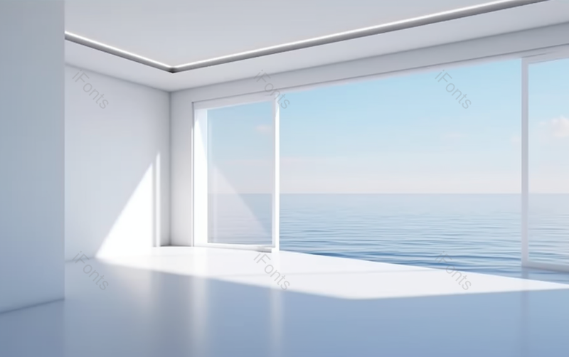 阳光透过落地窗照进海景房极简风格房屋建筑室内空旷无人的场景,高清,摄影图,摄影图片,图片大全,摄影图免费下载